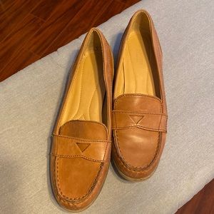 Camel-colored loafers